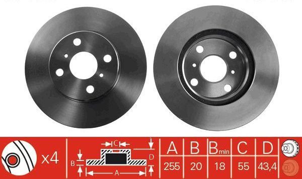 Toyota Yaris Ön Fren Diski Arkası Diskli Modeller İçin 255 mm 1999-2005 TRW
